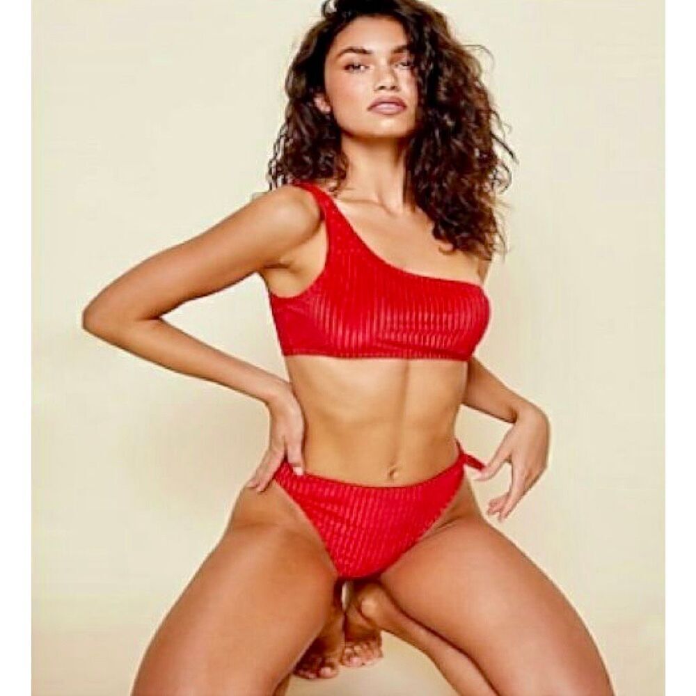 Dippin' Daisy's Red Velvet Ribbed One Shoulder Bikini Top & High Cheeky Bottoms